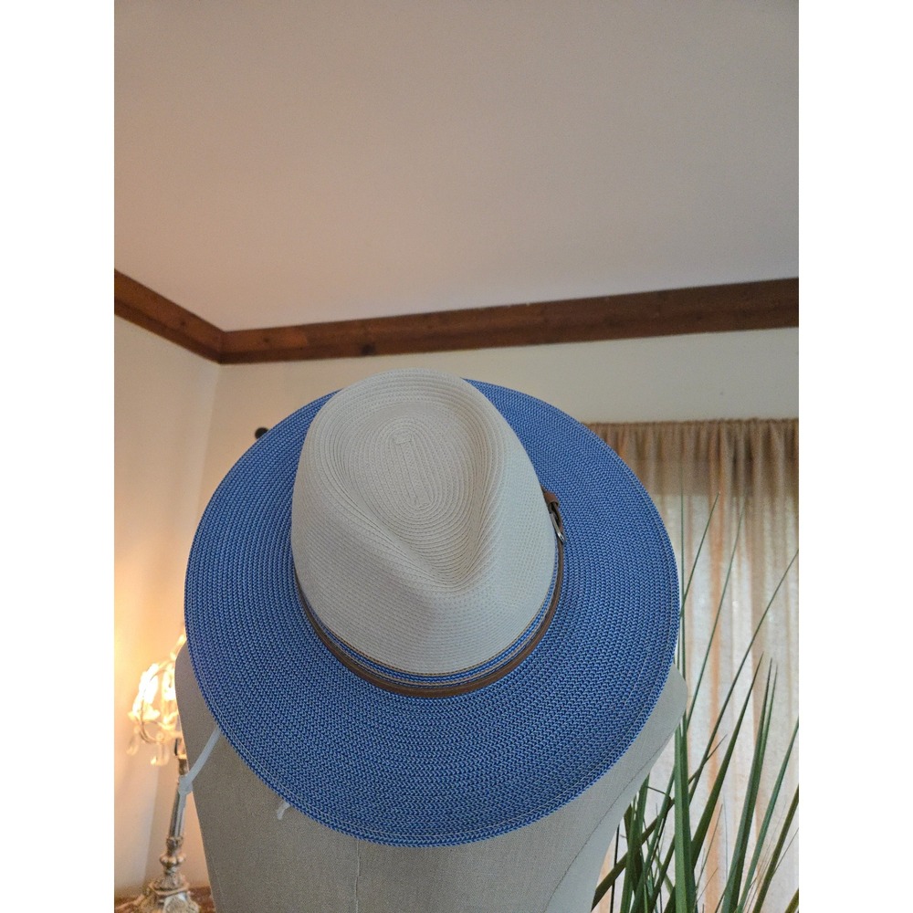 WALLLAROO Hat Company Kristy Fedora Sun Hat Blue Cream Packable Adj. Wide Brim
